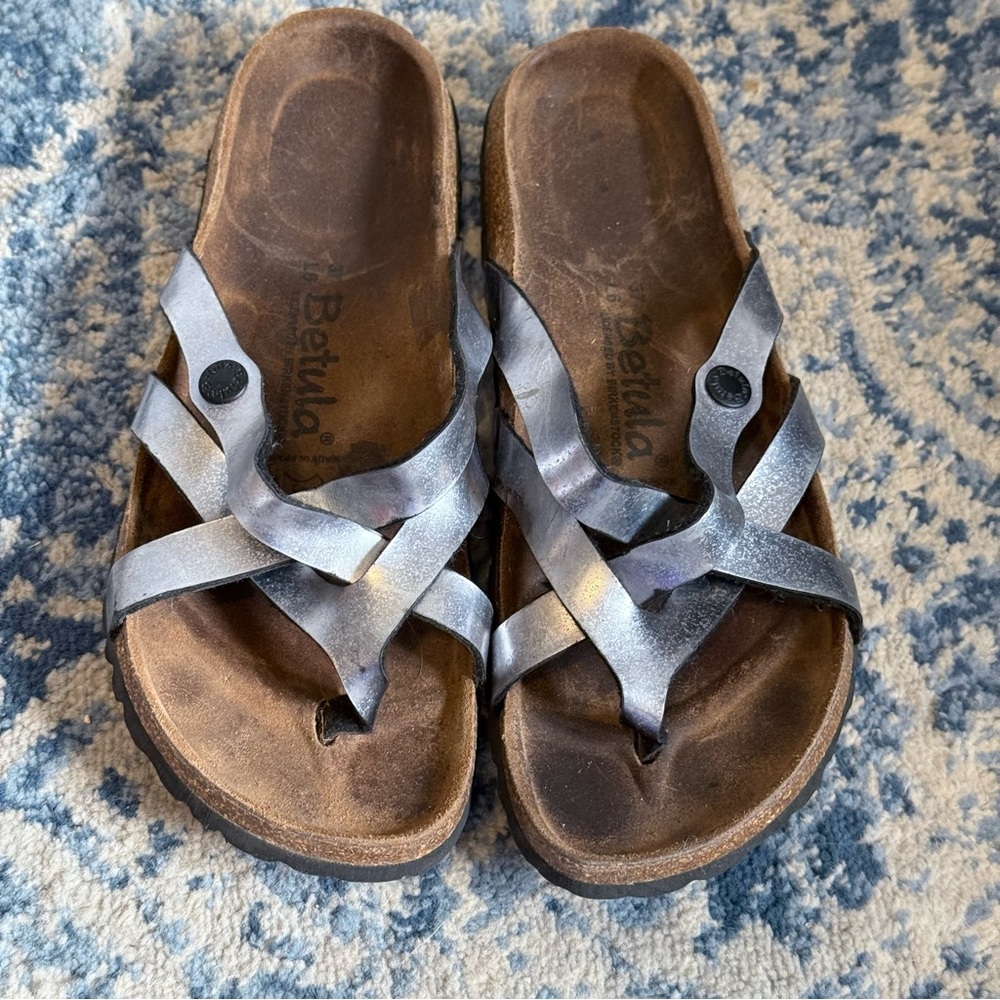 Betula Birkenstock Women's 37 6 Sandals Vinja Strappy Metallic Silver EUC